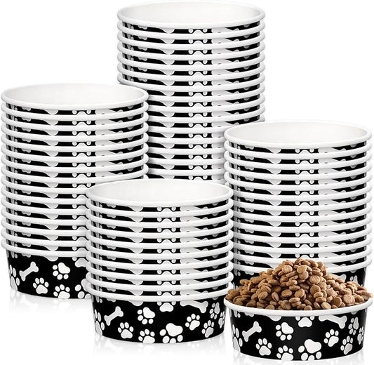 Whaline 50Pcs Pet Disposable Feeding Bowls Black White Paper Dog Bowls Small Dog Dish 16oz 2 Cup Pet Food Bowls Serving Food Tray for Puppy Cat Travel Wet Dry Food Water