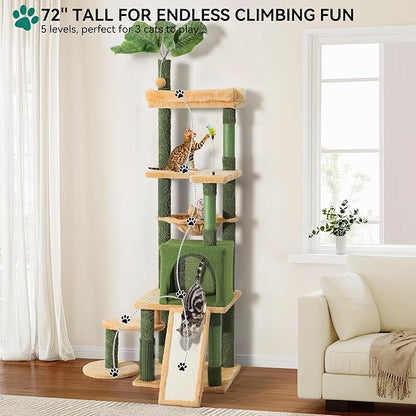 YITAHOME Tall Cat Tree Tower with Leaves for Indoor Cats, 72.8in Cute Cat Climbing Tower with Self-Grooming Brush, Cat Condo, Top Perch, Basktet, Sisal Scratching Posts and Board, Dangling Ball