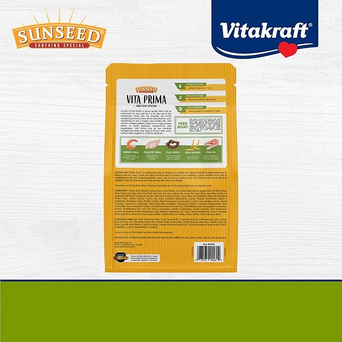 Sunseed Vita Prima Hedgehog Food - High-Protein Poultry, Seafood, and Mealworm Food Blend - Vitamin-Fortified for Happy and Healthy Hedgehogs 1.56 Pound (Pack of 1)