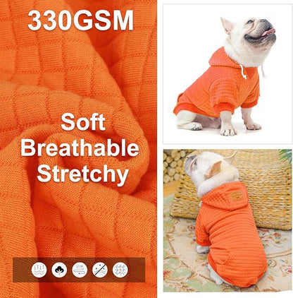 BEAUTYZOO Small Dog Hoodie Sweater with Pockets, Dog Clothes for Small Medium Dogs Boy Girl, Waffle-Like Laminated Cotton Pet Coats with Hat and Leash Hole, Orange SM