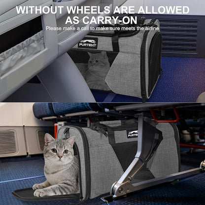 Soft Sided Cat Carrier Wheels Rolling Dog Carrier Airline Approved Pet Carrier with Wheels for Puppy and Kitten with Telescopic Handle and Trolley for Traveling Camping Vet Hiking,Grey