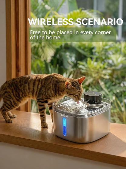 5L Cat Dog Water Fountain,Stainless Wireless Fountain | 5L wireless cat dog fountain for small dogs and multi-cat homes, sensor flow, quiet use, 4000mAh battery and 1 filter set