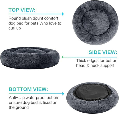 SAVFOX 45 inches Calming Donut Dog Bed - 3X Durable Plush Faux Fur, Machine Washable & Non-Slip, Fits up to 150 lbs, Dark Grey