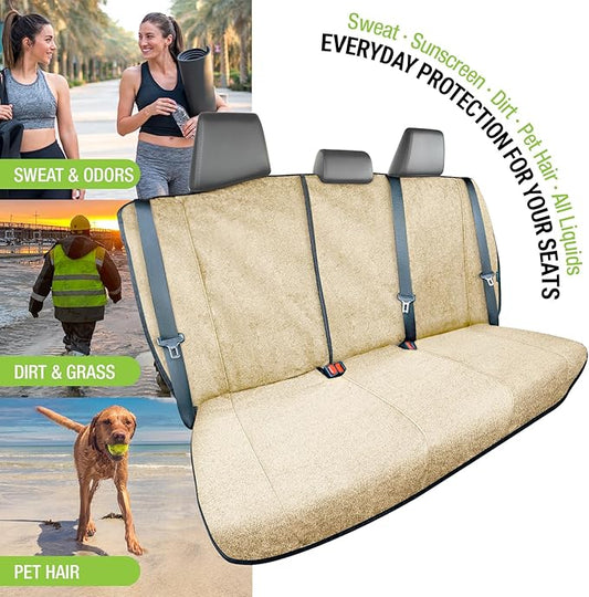 Season Guard Back Seat Towel Seat Cover for Cars; Great for After Gym Workouts, Dogs, and Outdoor Activities; Universal Fit for Cars SUVs Vans Trucks, EZ fit, Non Slip Grip, Tan