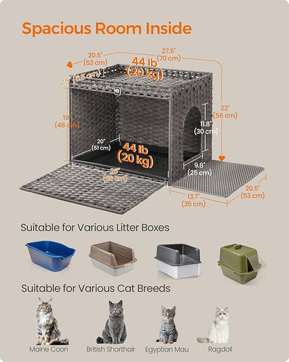 Feandrea Cat Litter Box Enclosure, Handwoven Rattan Hidden Litter Box Furniture with Extra Litter Mat, Removable Washable Tray, Boho Cat House, End Table, Dove Gray UPCL014G01