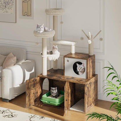 Cat Litter Box Enclosure with Tree Tower and Condo, Hidden Pet Washroom Furniture with Sisal Scratching Post,Hammocks and Soft Plush Perch, Wooden Cat Furniture with Multiple Platforms,Rustic Brown