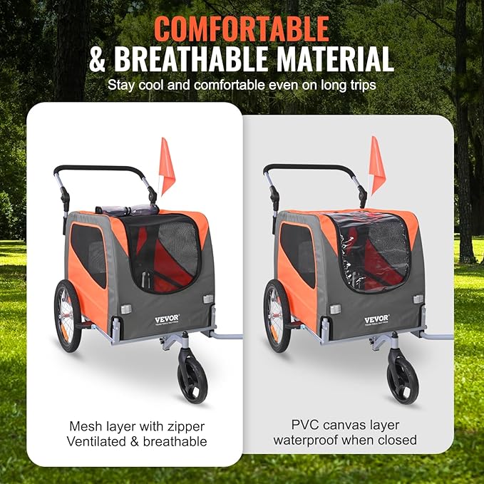 VEVOR Dog Bike Trailer, Supports up to 66/88/100 lbs, 2-in-1 Pet Stroller Cart Bicycle Carrier, Easy Folding Cart Frame with Quick Release Wheels, Universal Bicycle Coupler, Reflectors, Flag