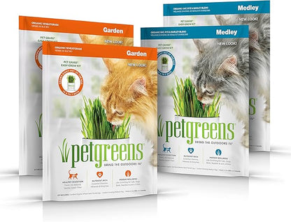 Pet Greens 4 Pack Cat Grass Garden Wheatgrass self Grow and Medley Oat, Rye and Barley, 2 of Each 3oz Package
