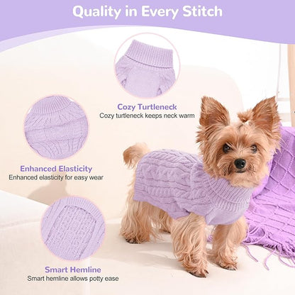 2 Pack Dog Sweaters for Small Dogs Winter Turtleneck Pullover Cable Knit Fleece Stretch Puppy Doggie Chihuahua Toy Poodle Yorkie Pomeranian Boy Girl Pet Clothes (XS, Pink & Purple)