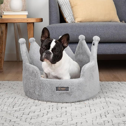 NANDOG Crown Dog Bed for Small Dogs & Cats – Soft Plush Round Pet Bed, Cozy Royal Design, Comfortable Indoor Puppy Bed for Crate or Kennel, Light Gray, Medium