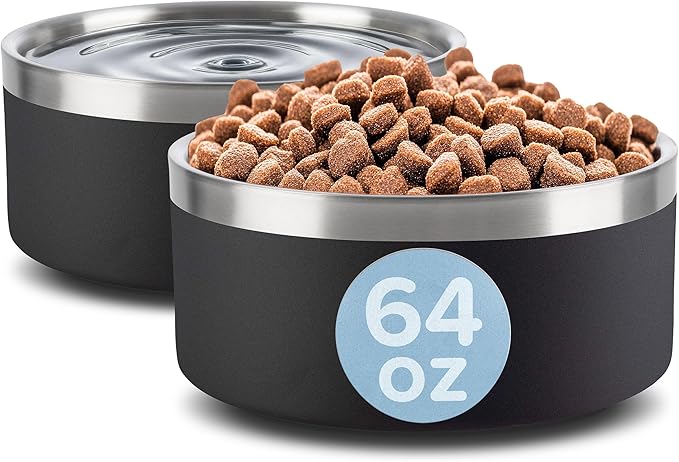 Set of 2 Stainless Steel Dog Bowls - 64oz or 8 Cups Double Wall Insulated Food and Water Bowls for Dogs and Cats, Non Slip Metal Pet Dishes for Medium-Large Pets, Puppy Essentials by PETMAKER (Black)