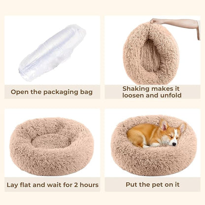 Calming Anti-Anxiety Donuts Dog and Cat Bed for Indoor Cats, Round Fluffy Soft Washable Small Medium Pet Bed for Puppy & Kitten, Warming Comfortable Luxury Anti-Slip Waterproof Mute Base 24in (Camel)