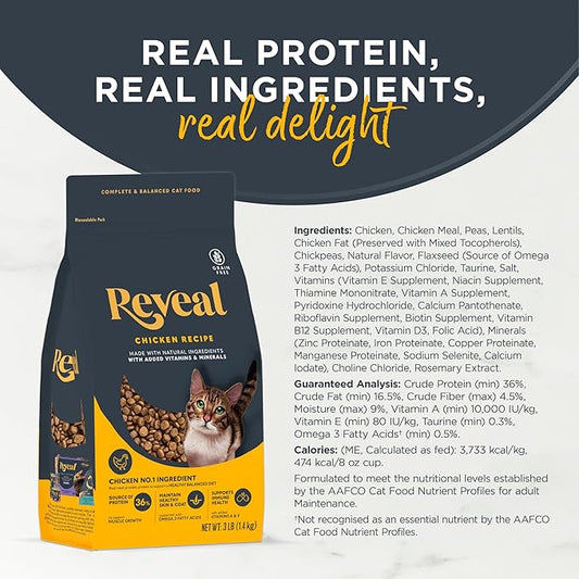 Reveal Natural Adult Dry Cat Food, High Protein, Grain Free with Added Vitamins & Minerals, Complete & Balanced Nutrition for Cats, Chicken Recipe (7 Pound Bag)