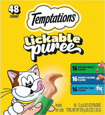 Temptations Creamy Puree Squeezable Lickable Cat Treats, Wet Cat Treats with Tuna, Salmon, and Seafood Medley Variety Pack, 0.42 oz. Tubes, 48 Count