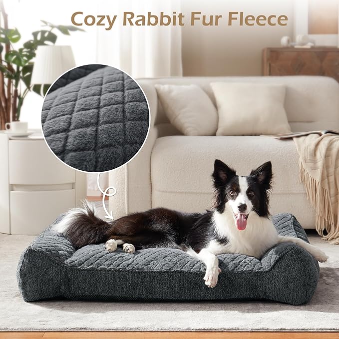 JOEJOY XL Orthopedic Dog Beds Large Sized Dog, Extra Thick Supportive Big Dogs Couch Bed with Sides, Ultra Soft Pet Bed Sofa for Large Dogs, Grey, 42''x30''