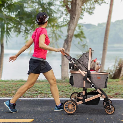 Bicystar Pet Stroller for Medium Dogs, Smooth-Ride Dog Stroller with Detachable Carrier, Rubber Wheels, Car Seat Combo 3-in-1, Up to 50 lbs, for Senior Dogs & Cats, Grey