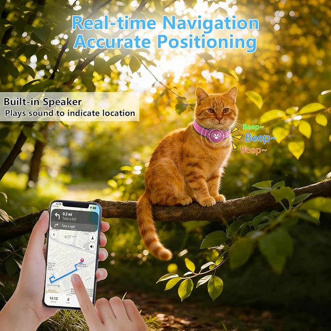 2-in-1 GPS Tracker for Cats: Smart Pet Collar with Real-Time Tracking,No Monthly Fee/Subscription (iOS & Android) Waterproof, Anti-Lost,365-Day Long Battery Life GPS Tracker Cat Collar (Pink)