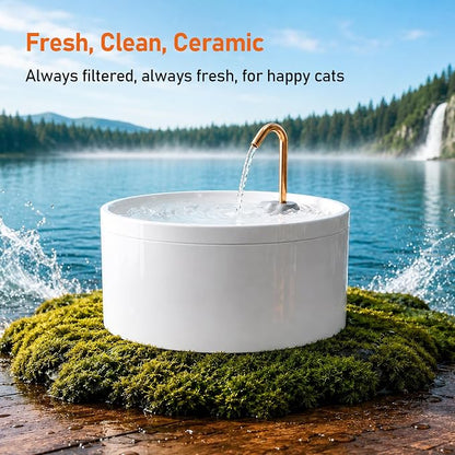 MISFANS Ceramic Dog Water Fountain, 4L/135oz/1.1Gal – All-Ceramic Body with Copper Water Spout – Pet Drinking Fountain for Medium & Small Dogs, Ultra-Quiet Pump, Includes 3 Filters & Sponges