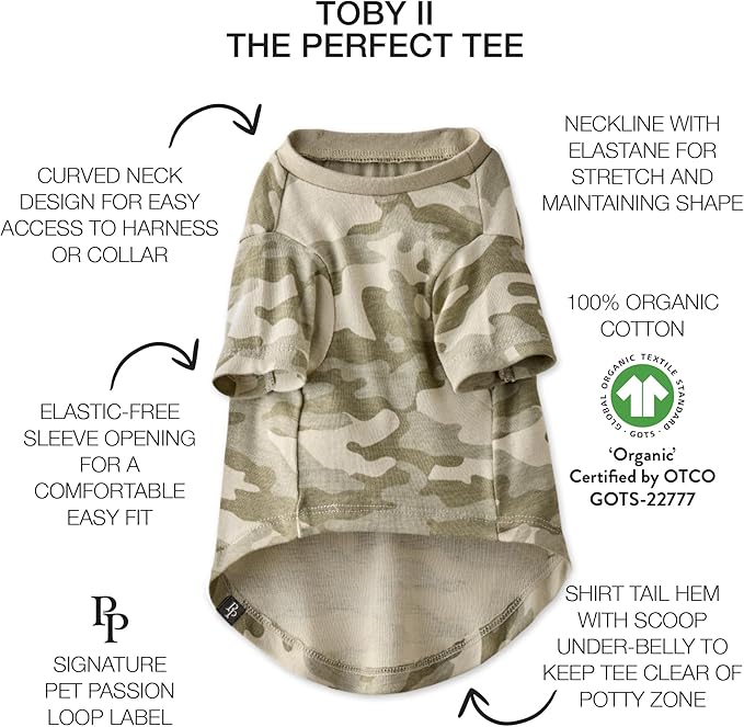 Pet Passion Toby II - The Perfect Tee, 3 Pack Short Sleeve Pet T-Shirt 100% Organic Cotton Tees Clothes for Small, Medium, Large Dogs, Sage Camo, Medium (20-45 lbs)