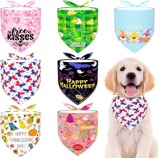 Holiday Dog Bandanas for Medium Dogs 7 Pcs Sewing Patriotic Halloween Thanksgiving Christmas Valentines St.Patricks Easter Day Bandana M