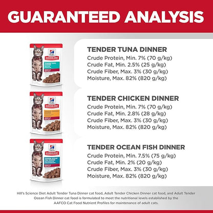 Hill's Science Diet Adult 1-6 Wet Cat Food Variety Pack, Chicken, Tuna, & Ocean Fish, 2.8 oz. Pouches, 12-Pack