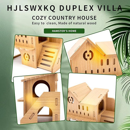Natural Wood Hamster Habitat Hideout Cage Accessories, Maze Cabin with Fun Slide & Double-Decker House, Exercise Toys for Dwarf Hamsters, Gerbils, Mice, Other Small Animals(Only for Small Hamster B)