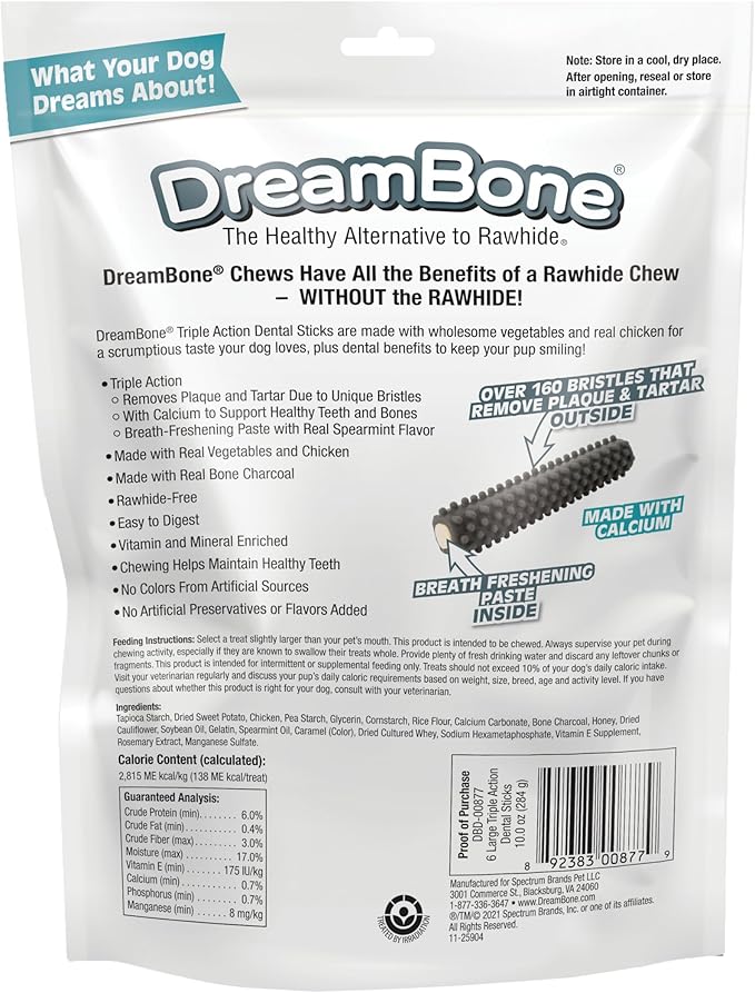 DreamBone Triple Action Dental Sticks Charcoal, 6 Count, Rawhide-Free Chews for Large and XL Sized Dogs Freshens Breath