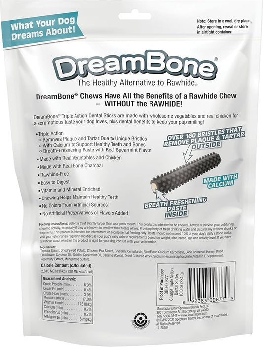 DreamBone Triple Action Dental Sticks Charcoal, 6 Count, Rawhide-Free Chews for Large and XL Sized Dogs Freshens Breath