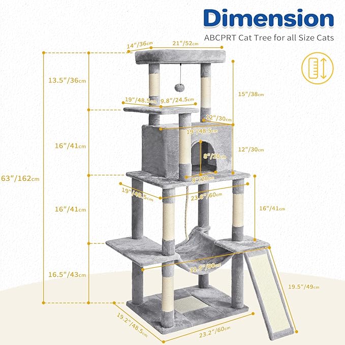 ABCPET Cat Tree Tower 63in Multi-Level Cat Tower for Indoor Cats with Sisal Scratching Posts, Condo, Hammock, Dangling Ball and Extended Platform for Cats to Play, Light Grey