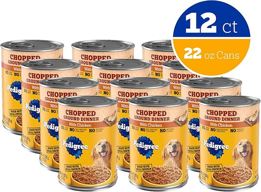 Pedigree Chopped Ground Dinner Adult Soft Wet Dog Food with Chicken, Canned Dog Food, 22 oz. Cans, 12 Count