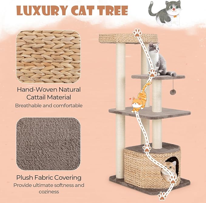 PETSITE 52 inch Cattail Cat Tree, Multi-Level Cat Tower with Scratching Posts, Cat Condo, Top Perch, Hanging Jingling Ball and Soft Washable Cushions, Modern Cat Tree for Indoor Cats