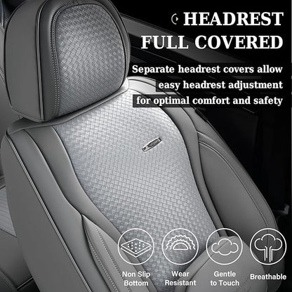 Coverado Car Seat Covers Full Set, Gray Seat Covers for Cars, Waterproof Nappa Leather Automotive Seat Covers with Lumbar Head Pillow, Car Seat Protectors, Universal Fit for Most Cars SUV