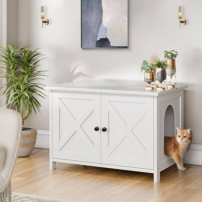 Shintenchi Cat Littler Box Enclosure, Litter Box Furniture Hidden with Removable Divider, Cat House with End Table, White, 31.5 inch