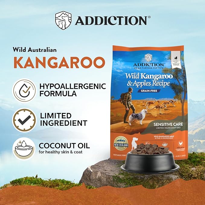 Addiction Wild Kangaroo & Apples Dry Dog Food - Limited Ingredient, Novel Protein for Dogs with Allergies, Grain-Free - Support Muscle Development & Manage Weight - Made in New Zealand 4lb - 2 Packs