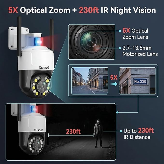 JideTech 5MP PTZ WiFi Security Camera Outdoor, 5X Optical Zoom, Dual Band 2.4G 5G Wireless, Red Blue Warning Light, Color Night Vision, Auto Tracking, Human Vehicle Detection, NVR Compatible