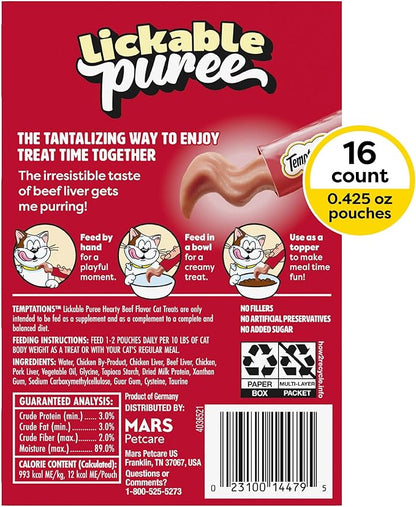 Temptations Creamy Puree Squeezable Lickable Cat Treats, Wet Cat Treats with Beef Liver, 0.42 oz. Tubes, 16 Count
