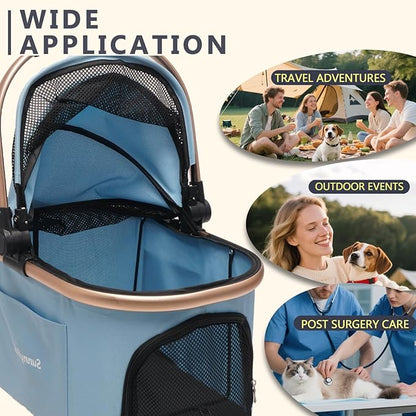 SUNNYFEEL Pet Stroller for Small Dogs and Cats, Aluminum Two-in-one Split, One-Click Foldable Dog Stroller with Detachable Carrier, Holds up to 40 lbs, Side Bag, Breathable Mesh, Blue