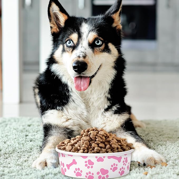 Whaline 50Pcs Pet Disposable Feeding Bowls Pink White Paper Dog Bowls Small Dog Dish 16oz 2 Cup Pet Food Bowl Serving Food Tray for Puppy Cat Travel Wet Dry Food Water