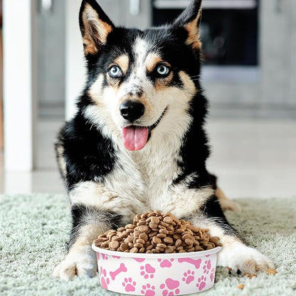 Whaline 50Pcs Pet Disposable Feeding Bowls Pink White Paper Dog Bowls Small Dog Dish 16oz 2 Cup Pet Food Bowl Serving Food Tray for Puppy Cat Travel Wet Dry Food Water