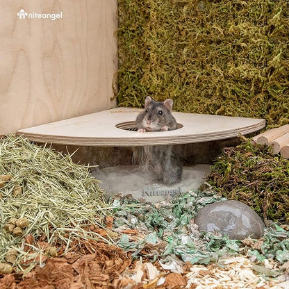 Niteangel Animal Sand-Bath Box: - Acrylic Critter's Sand Bath Shower Room & Digging Sand Container for Hamsters Mice Lemming Gerbils or Other Small Pets (Triangle, Birch-Wood)
