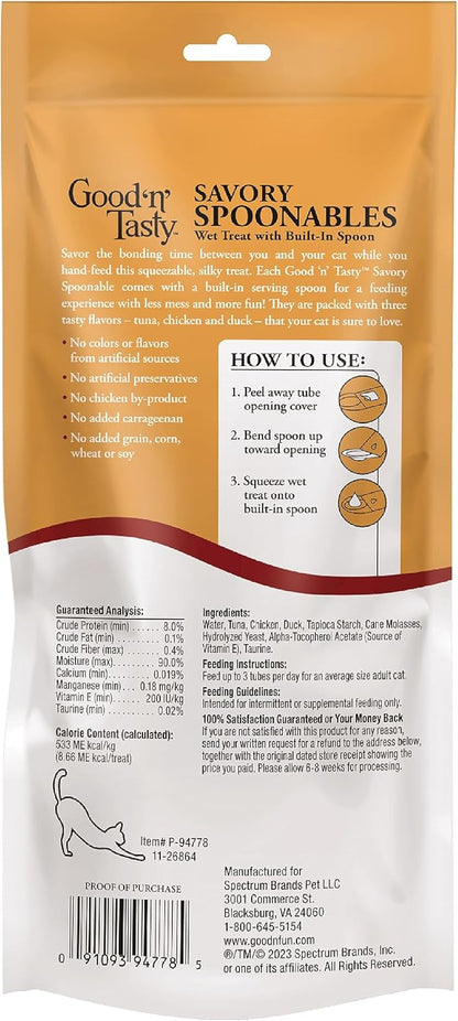 Good 'N' Tasty Savory Spoonables with Real Tuna, Chicken & Duck, 6 Count Tube, Triple Flavor Squeezable Lickable Wet Treats for Cats with Built-in Spoon for Less Mess