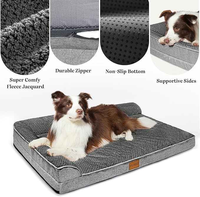 Orthopedic Dog Bed Large Sized Dog 36''X24'', Waterproof L Bolster Egg Crate Foam Pet Crate Beds with Washable Removable Cover, Non-Slip Soft Pet Couch Sleep Mat, Grey
