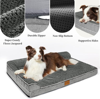 Orthopedic Dog Bed Large Sized Dog 36''X24'', Waterproof L Bolster Egg Crate Foam Pet Crate Beds with Washable Removable Cover, Non-Slip Soft Pet Couch Sleep Mat, Grey