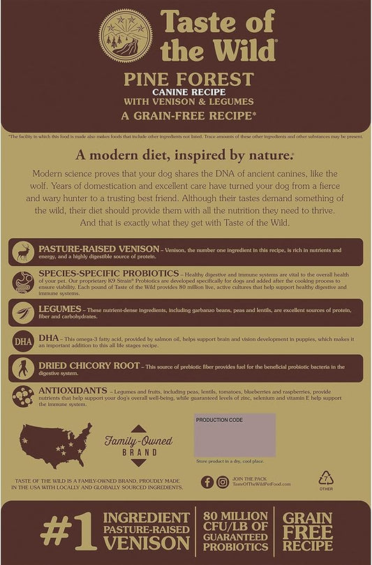 Taste of the Wild Pine Forest Grain-Free Recipe with Roasted Venison Dry Dog Food for All Life Stages Made with Protein from Real Venison, Superfoods and Guaranteed Nutrients Like Probiotics 28lb