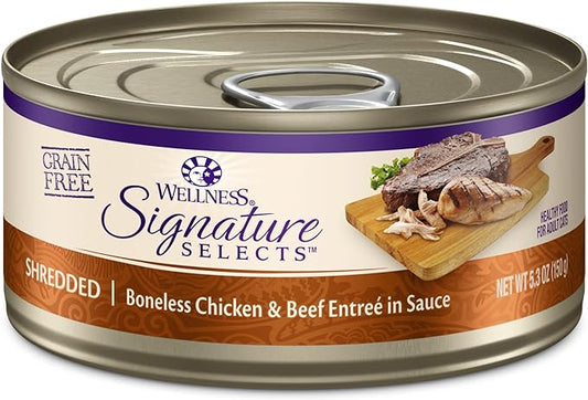 Wellness CORE Signature Selects Shredded Adult Canned Wet Cat Food, Natural, Protein Rich, Grain Free, Chicken and Beef Entrée Recipe, 5.3 oz, Pack of 12 Cans