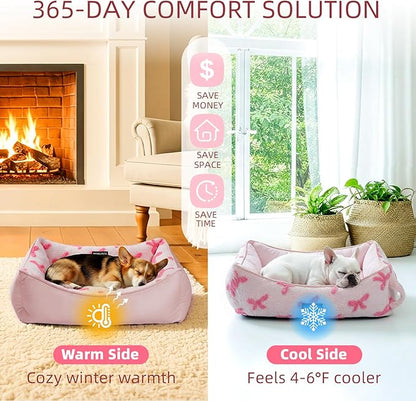Mora Pets Reversible Dog Bed for Medium Size Dogs Washable - Cool & Warm 2-in-1 Anti Anxiety Calming Pet Bed for Summer, Rectangle Puppy Bed with Non Slip Bottom Cute Pink Bow (30''x24''x8'')