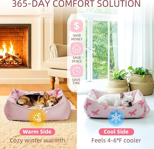 Mora Pets Reversible Cat Bed for Indoor Cats and Small Dogs Washable - Cool & Warm 2-in-1 Anti Anxiety Calming Pet Bed for Summer, Rectangle Puppy Bed with Cute Pink Bow (20″x19″x6″)