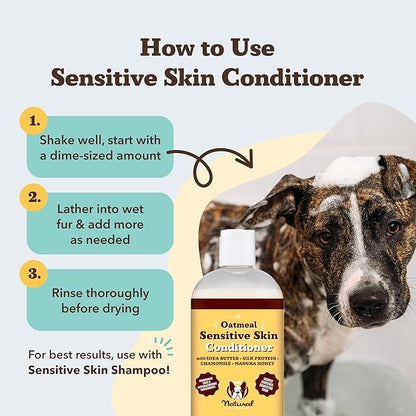 Natural Dog Company Sensitive Skin Dog Conditioner – Oatmeal Moisturizing for Sensitive & Itchy Skin, Detangling Grooming Formula for Long Haired Dogs, with Manuka Honey & Chamimile, 12 oz