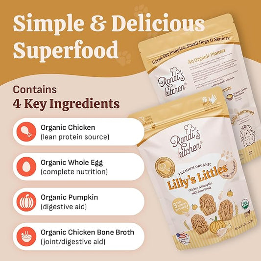 Rondi's Kitchen Lilly's Littles Organic Tender Dog Treats - Natural Doggie Cookie for Small Dogs, Puppy, Senior, Training - Human Grade Superfood Biscuit with Bone Broth - Chicken & Pumpkin