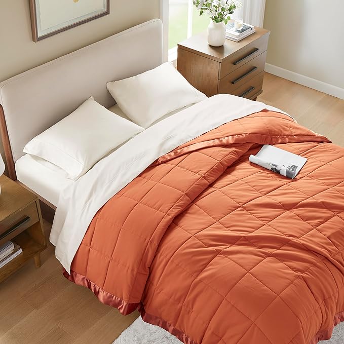 Madison Park Twin Blanket Quilted Microfiber, Satin Binding, 3M Scotchgard Moisture Wicking Treatment, Soft and Lightweight Summer Blanket for Couch, Windom, Twin, Orange